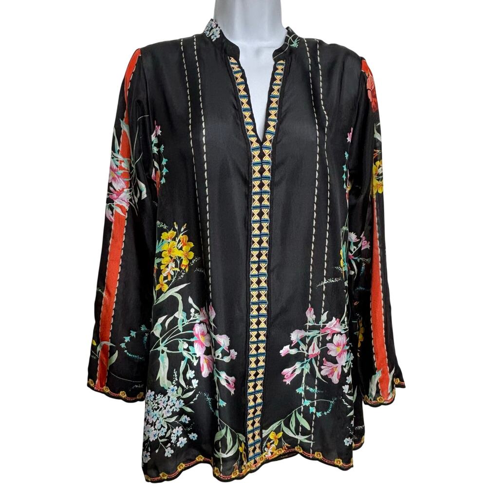 Johnny Was Silk Eulia Floral Embroidered Tunic Top Black XS